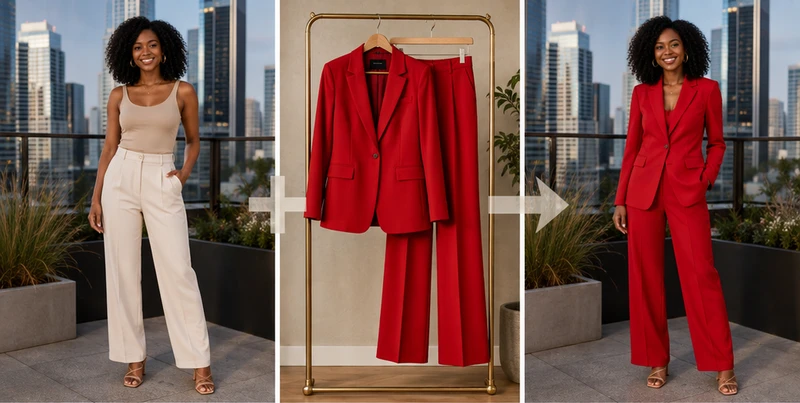 Black woman wearing a red suit transferred from a separate clothing reference image