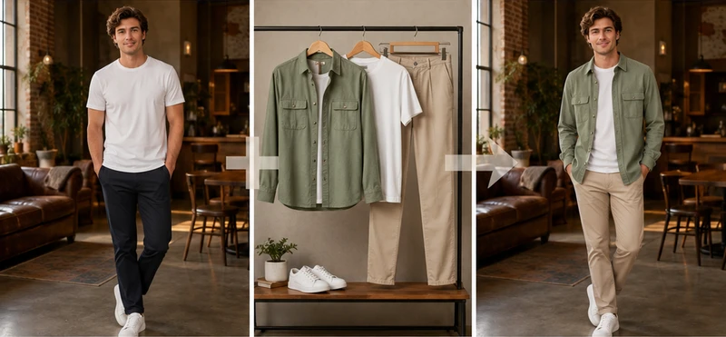 Man wearing a casual green overshirt and beige trousers from a reference outfit