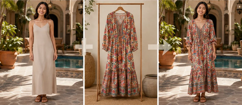 Asian woman wearing a patterned long dress transferred from a hanging garment photo