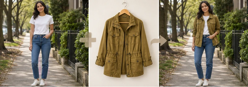 Woman adding an olive utility jacket while retaining jeans, shoes and outdoor background