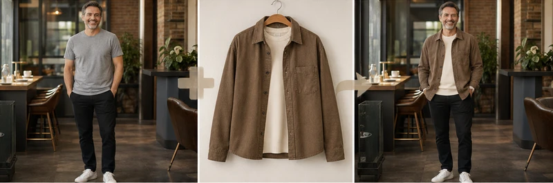 Mature man wearing a brown overshirt transferred from a separate clothing reference