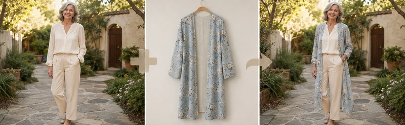 Older woman wearing a light blue floral outer layer transferred from a hanging garment photo