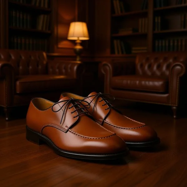 Vintage British study with dark walnut flooring, blurred leather sofa and bookshelf background, warm lamp lighting, gentleman luxury feel.