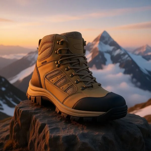 Majestic snow mountain peak rocks, cloud sea and sunrise background, warm-cool contrast tones, emphasizing durability and adventure spirit.