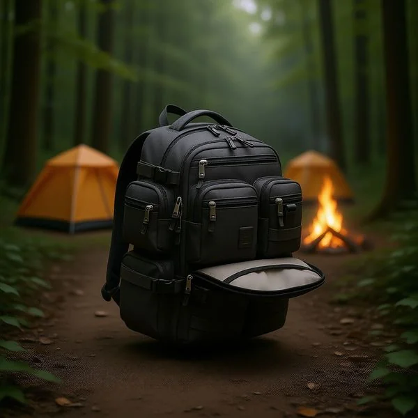 Dense forest campsite, blurred tent and bonfire background, sunlight filtering through leaves creating dappled shadows, travel and freedom theme.