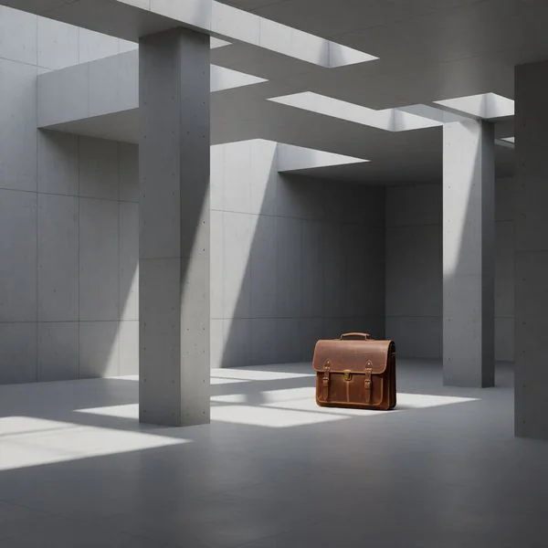 Minimalist concrete architectural space, geometric light and shadow cuts, cool art gallery feel, highlighting taste and style.