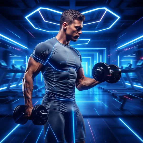 High-tech futuristic gym with blue neon strip lighting, dynamic motion blur effect, energetic and passionate sports space.