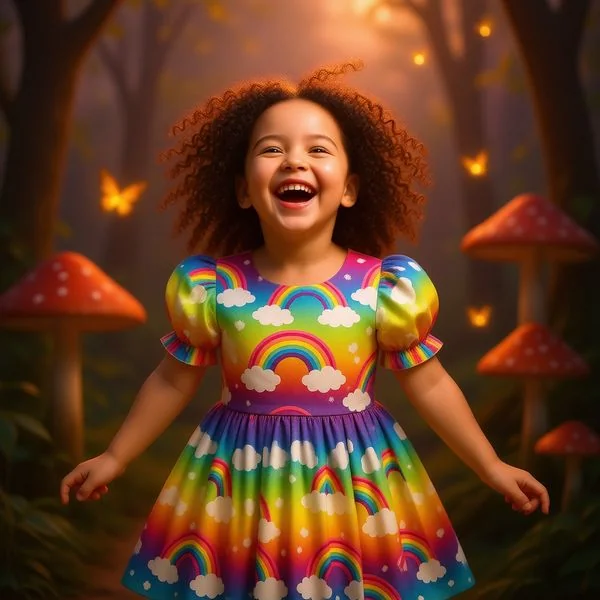 Fairy tale forest with giant mushrooms and glowing butterflies, Alice in Wonderland fantasy background, warm healing tones.