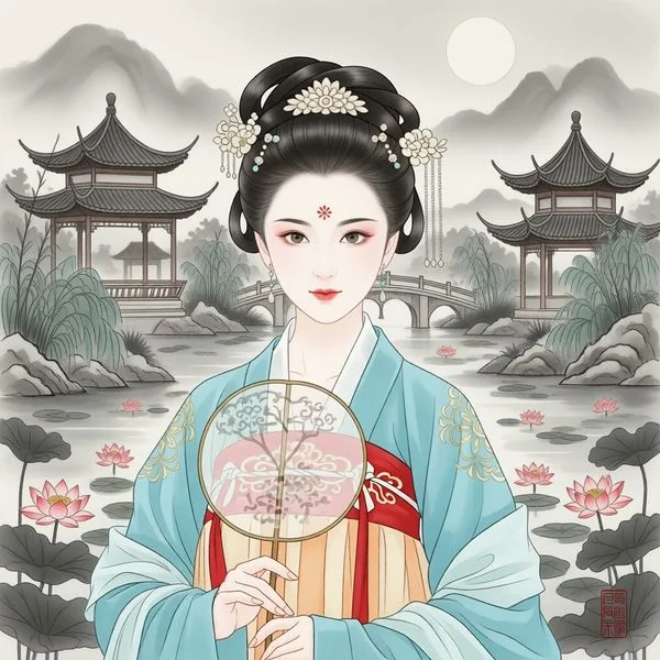 Classical Chinese garden with pavilions, lotus pond under moonlight, misty atmosphere, ink painting landscape fusion.