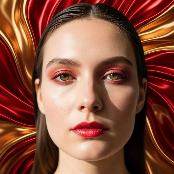 Abstract fluid art background, silk-like red and gold liquid intertwining, luxurious high-end cosmetics ad texture, macro details.