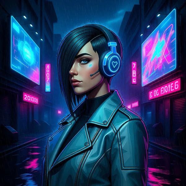2077 future city slums merged with high-tech streets, holographic billboards, rain-soaked ground reflecting neon lights, sci-fi movie quality.